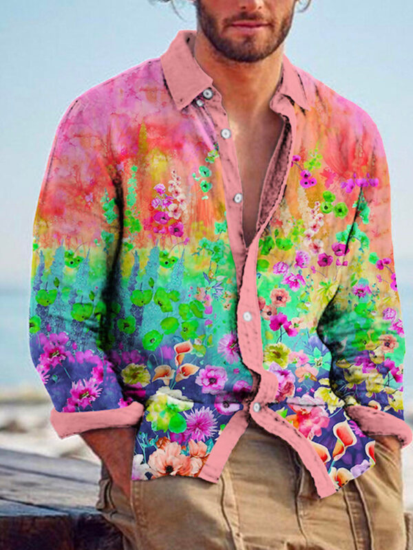 Color Matching Bamboo Linen Printed Men's Shirt - Image 2