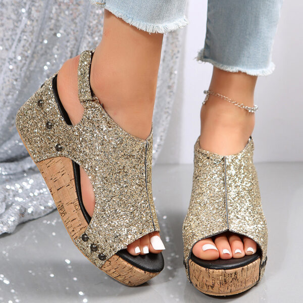 Summer Chunky Wedges Sandals Fashion Sequins Velcro Shoes Women - Image 4