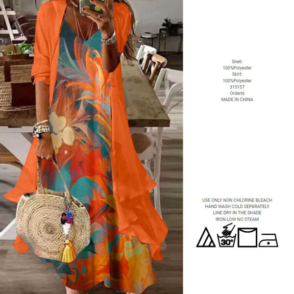 Printed V-neck Fluorescent Orange Suspender Dress - Image 2