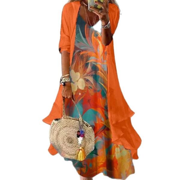 Printed V-neck Fluorescent Orange Suspender Dress - Image 3