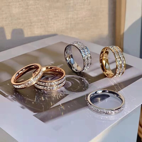 INS Rings Titanium Steel Couple Single And Double Row Diamond Ring - Image 2