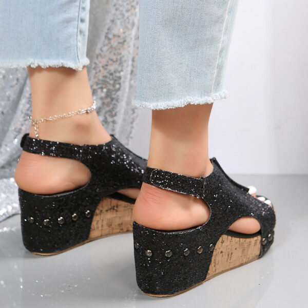 Summer Chunky Wedges Sandals Fashion Sequins Velcro Shoes Women - Image 2