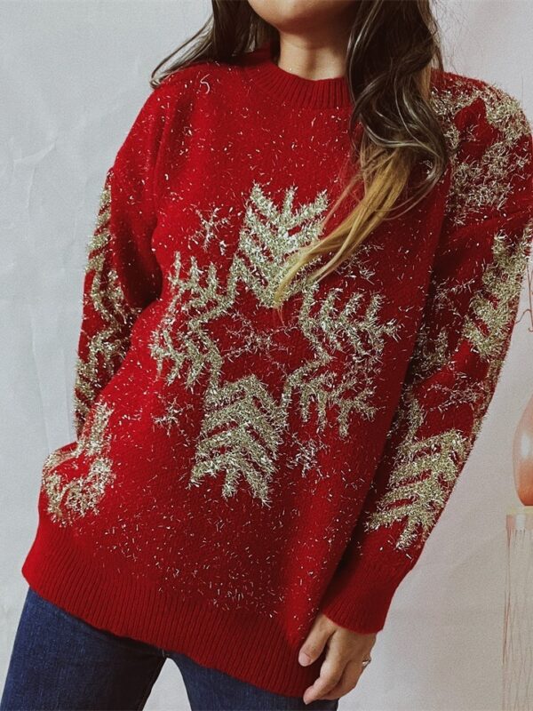 Women's Fashion Loose Gold Line Large Snowflake Christmas Sweater - Image 5