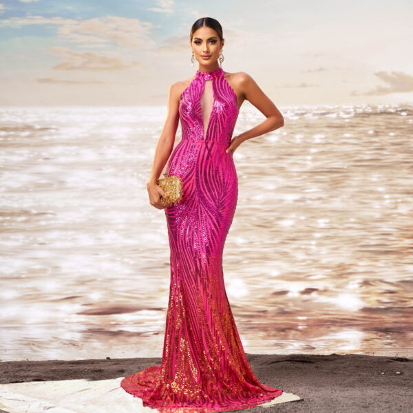 Round Neck Off-the-shoulder Slim-fit Sheath Sequined Banquet Fishtail Evening Dress - Image 4