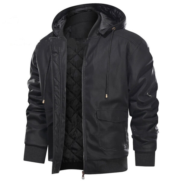 Men's Leather Jacket Men Motorcycle Removable Hood - Image 2
