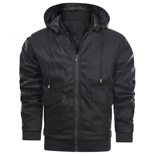 Men's Leather Jacket Men Motorcycle Removable Hood - Image 5