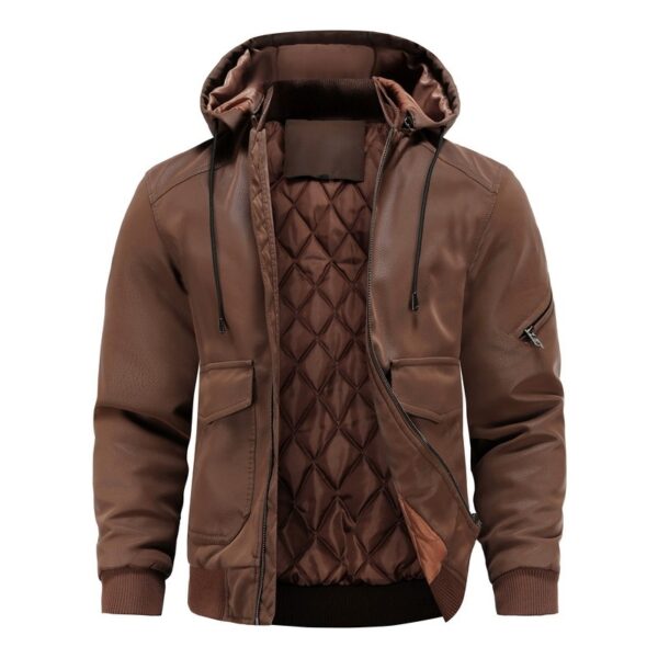 Men's Leather Jacket Men Motorcycle Removable Hood - Image 3