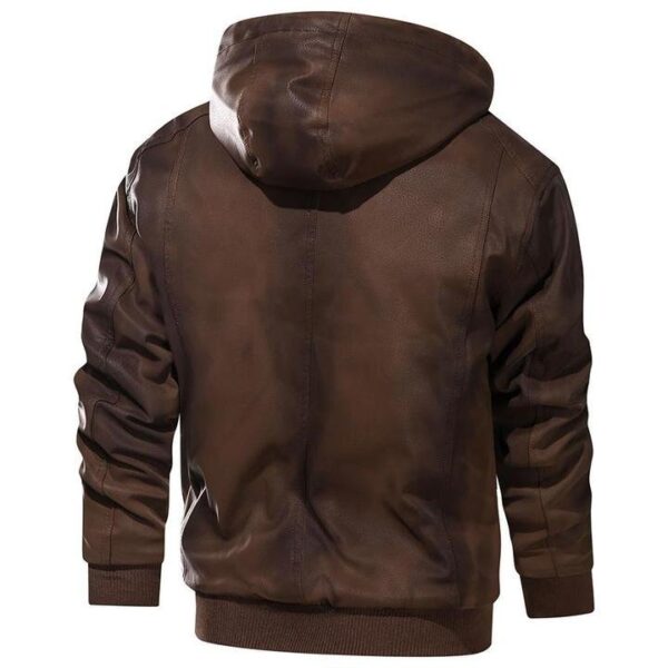 Men's Leather Jacket Men Motorcycle Removable Hood - Image 4