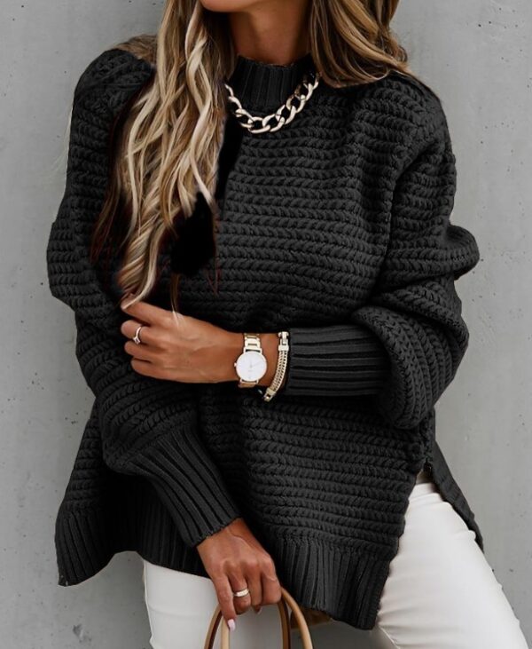 Solid color drawstring side slit knit sweater - Image 8
