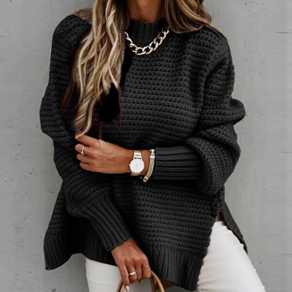 Solid color drawstring side slit knit sweater - Image 6