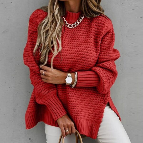 Solid color drawstring side slit knit sweater - Image 5
