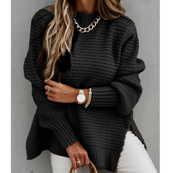 Solid color drawstring side slit knit sweater - Image 3