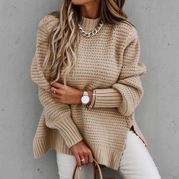 Solid color drawstring side slit knit sweater - Image 9