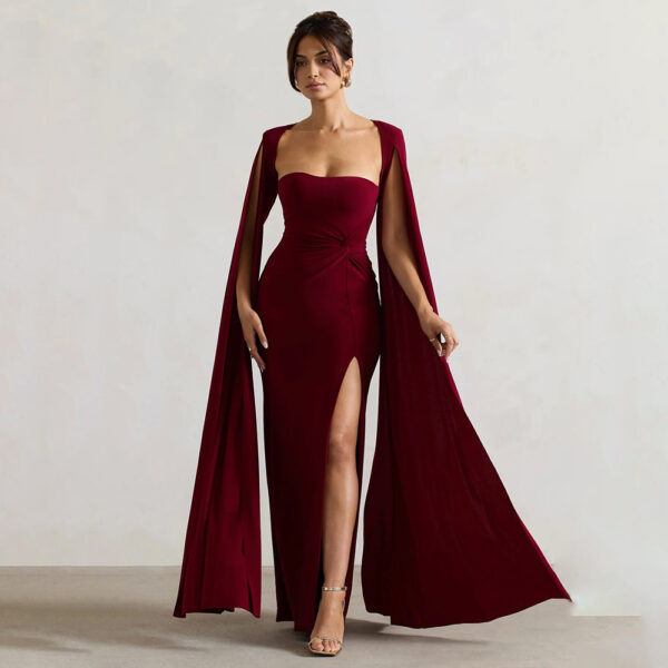 Square Collar Mop Long Sleeve High Slit Solid Color Dress - Image 5