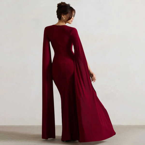 Square Collar Mop Long Sleeve High Slit Solid Color Dress - Image 4