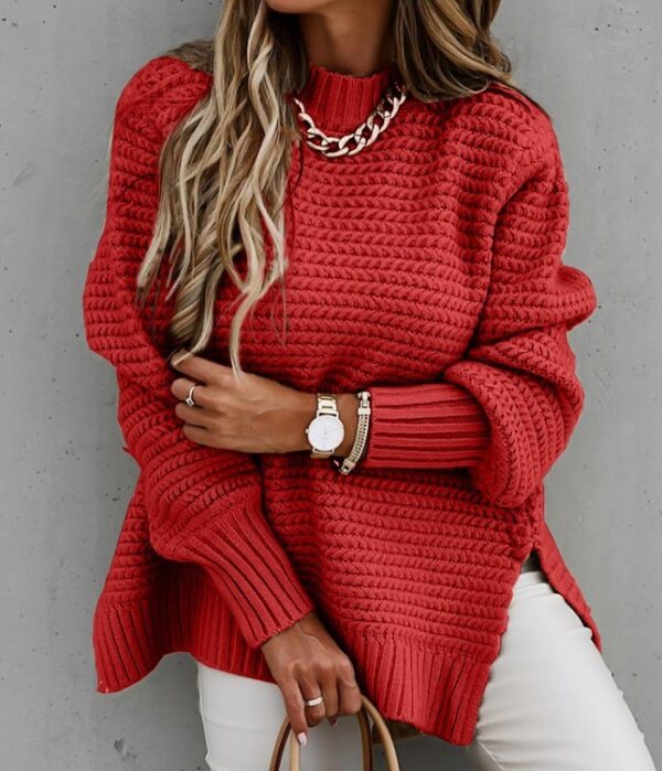 Solid color drawstring side slit knit sweater - Image 10