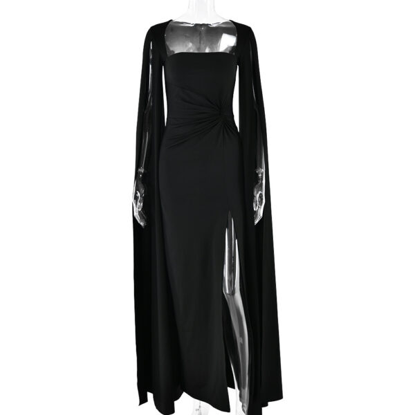 Square Collar Mop Long Sleeve High Slit Solid Color Dress - Image 2