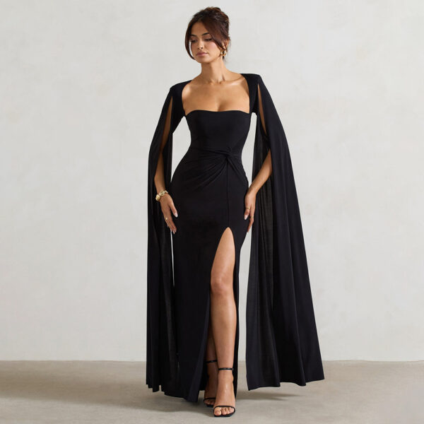 Square Collar Mop Long Sleeve High Slit Solid Color Dress - Image 3